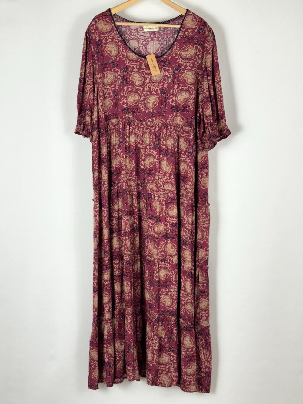 Natural Life Burgundy Floral Block Print Maxi Dress Tiered Oversized Cottagecore